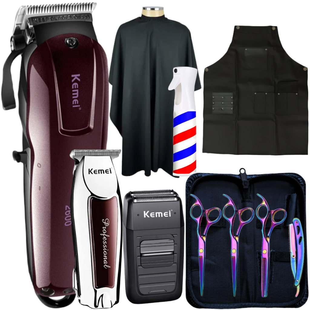 Kit Completo para Barbeiro com Maquinas Cortar Cabelo e Kit Tesoura Profissional mais Acessorios para Barbearia Maquina Corta Cabelo Maquina de Acabamento e Shaver