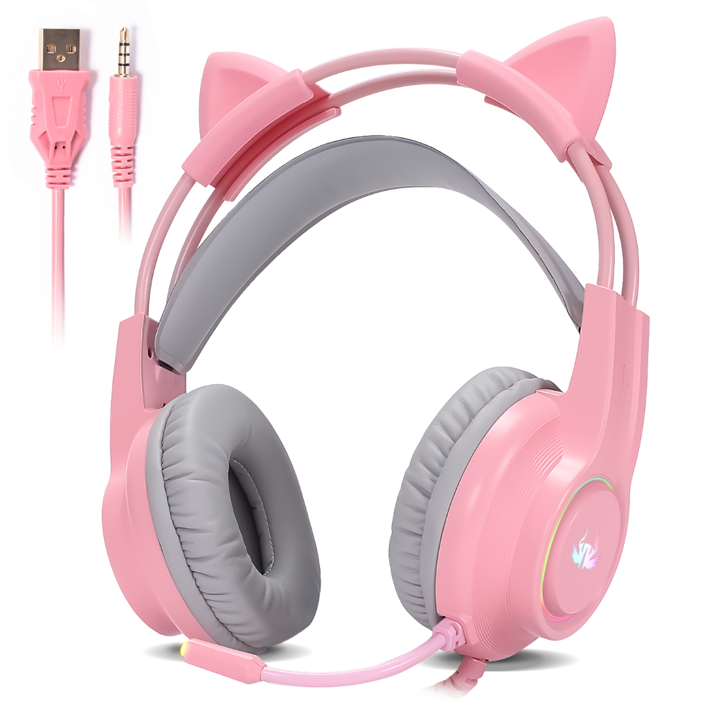 Fone Ouvido Rosa Headset Gamer Over-ear Estéreo com Microfone Orelha de Gatinho Led Rgb Usb P2 Pc