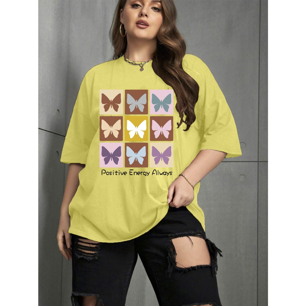 Camiseta Oversized Feminina Plus Size Estampada Nove Quadrados Borboletas Positive Energy Always Bl