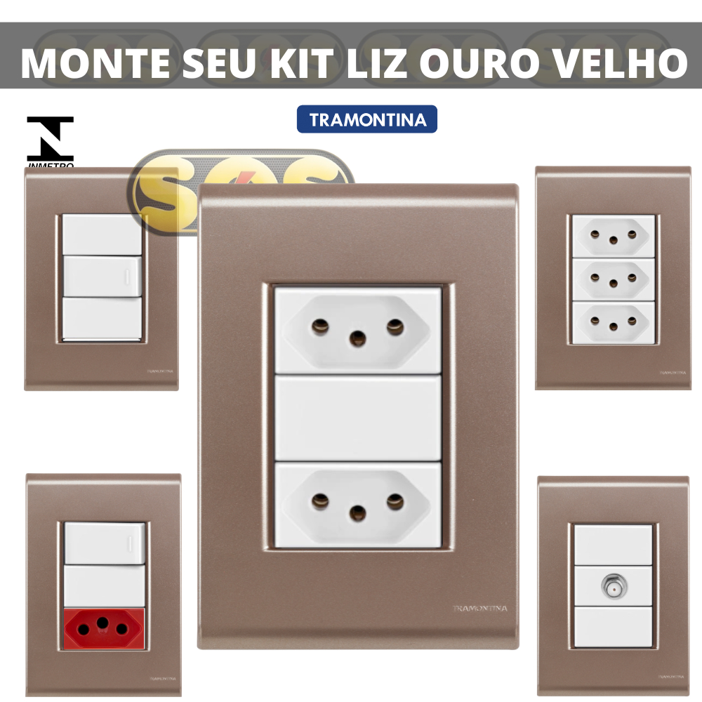 Conjunto com Tomadas, Interruptores e Placas Ouro Velho com módulos branco Tramontina Liz 4x2
