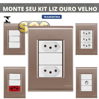 Conjunto com Tomadas, Interruptores e Placas Ouro Velho com módulos branco Tramontina Liz 4x2