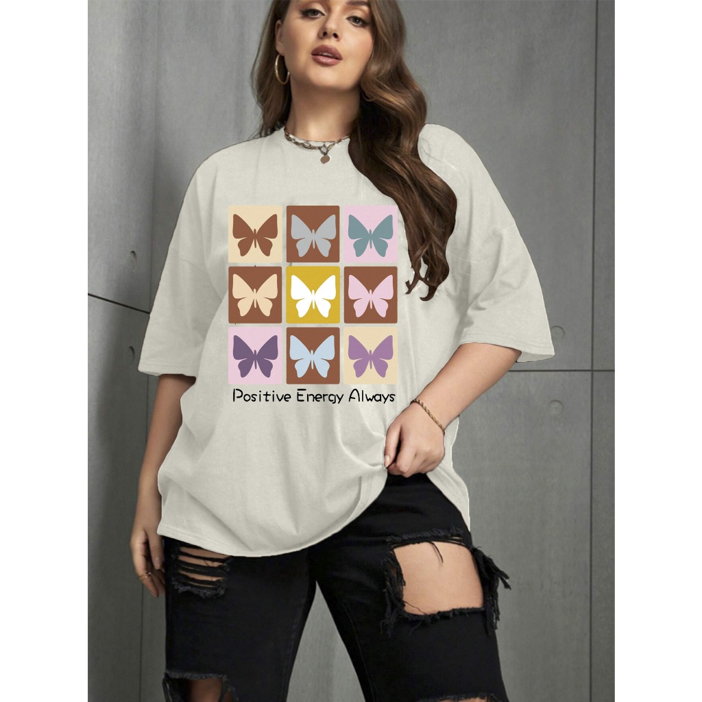Camiseta Oversized Unissex Plus Size Confortavel Blogueira T-Shirt Estampada Borboletas Frase Posit