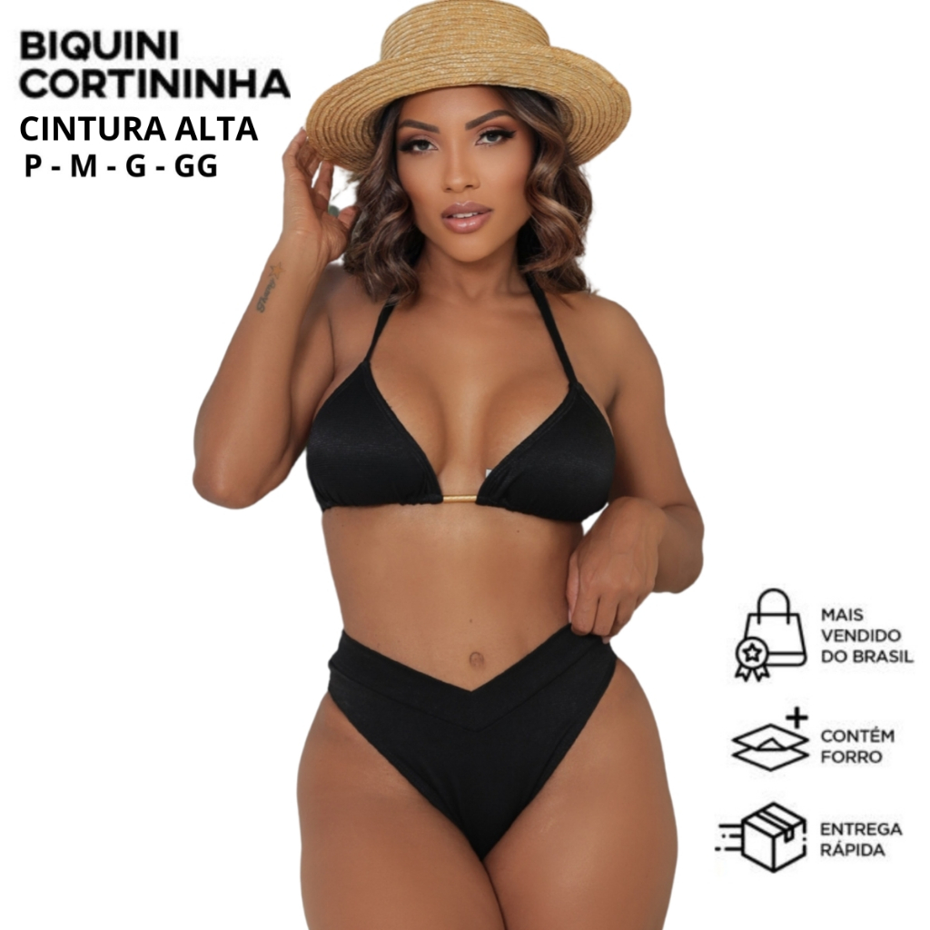 Biquini Conjunto Top Cortininha Calcinha Asa Delta EFEITO LIPO Bojo Removivel em Oferta na Shopee