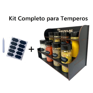 Kit Porta Tempero Mesa + 8 Potes + Etiquetas c/ Caneta Giz - Jogo Completo para Temperos Cozinha em Oferta na Shopee