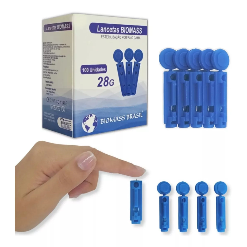 Lanceta Simples 28g 100 unid Biomass + 1 lancetador Diabetes