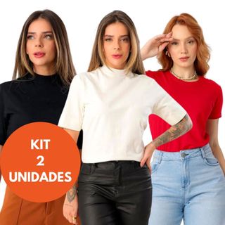 KIT 2 Unidades Camiseta Gola Alta em Ribana T-Shirt Algodão Fio 30 em Oferta na Shopee