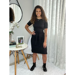 Vestido Feminino Midi Amarração Fendas laterais Manga Curta Canelado