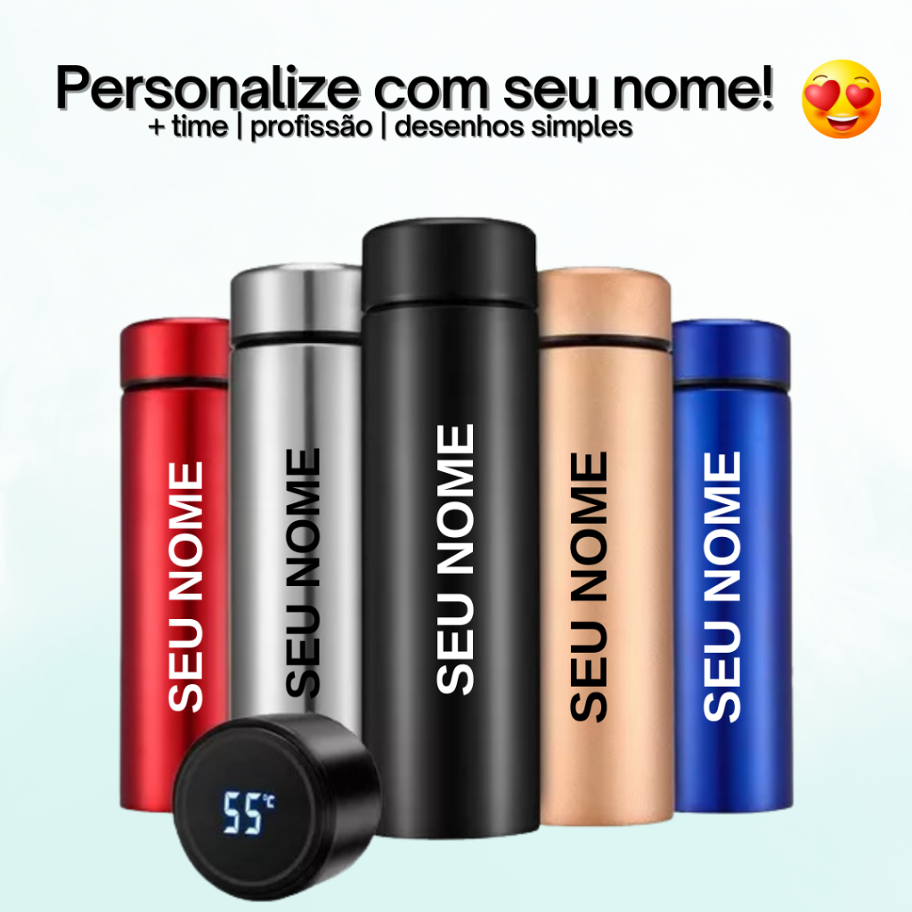 Garrafa Térmica Personalizada com LED inteligente 400ML - Nome, Logo, Desenho, Time