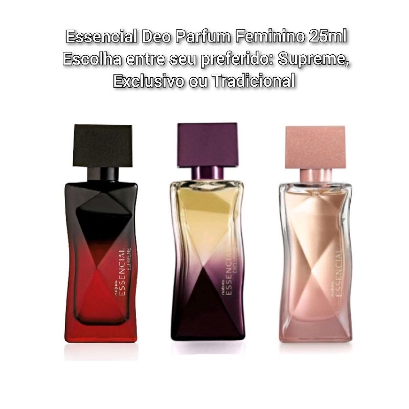 Miniatura Essencial Deo Parfum Feminino 25 ml, escolha entre: Tradicional , Supreme ou Exclusivo