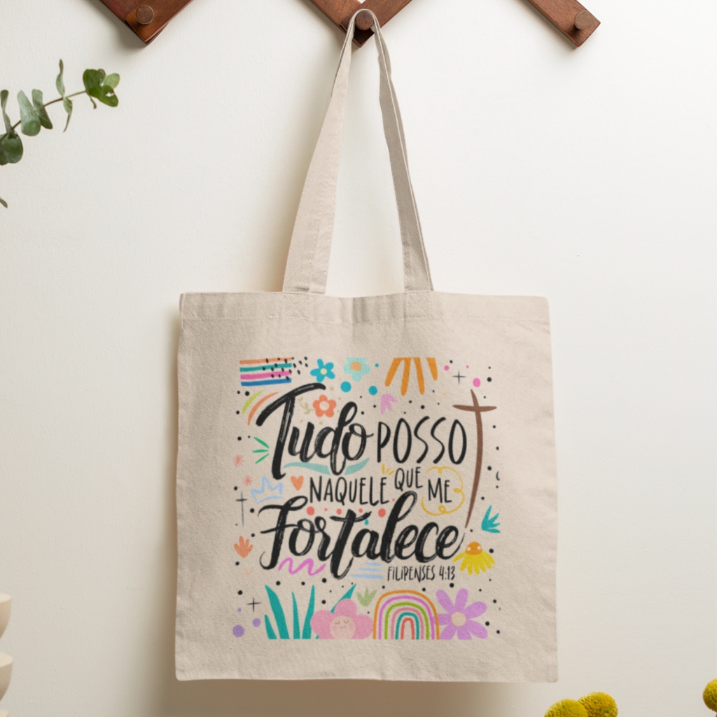 Bolsa Sacola Ecobag Gospel Tudo Posso Naquele que Me Fortalece Com ou Sem Zíper 100% Algodão Cru em Oferta na Shopee