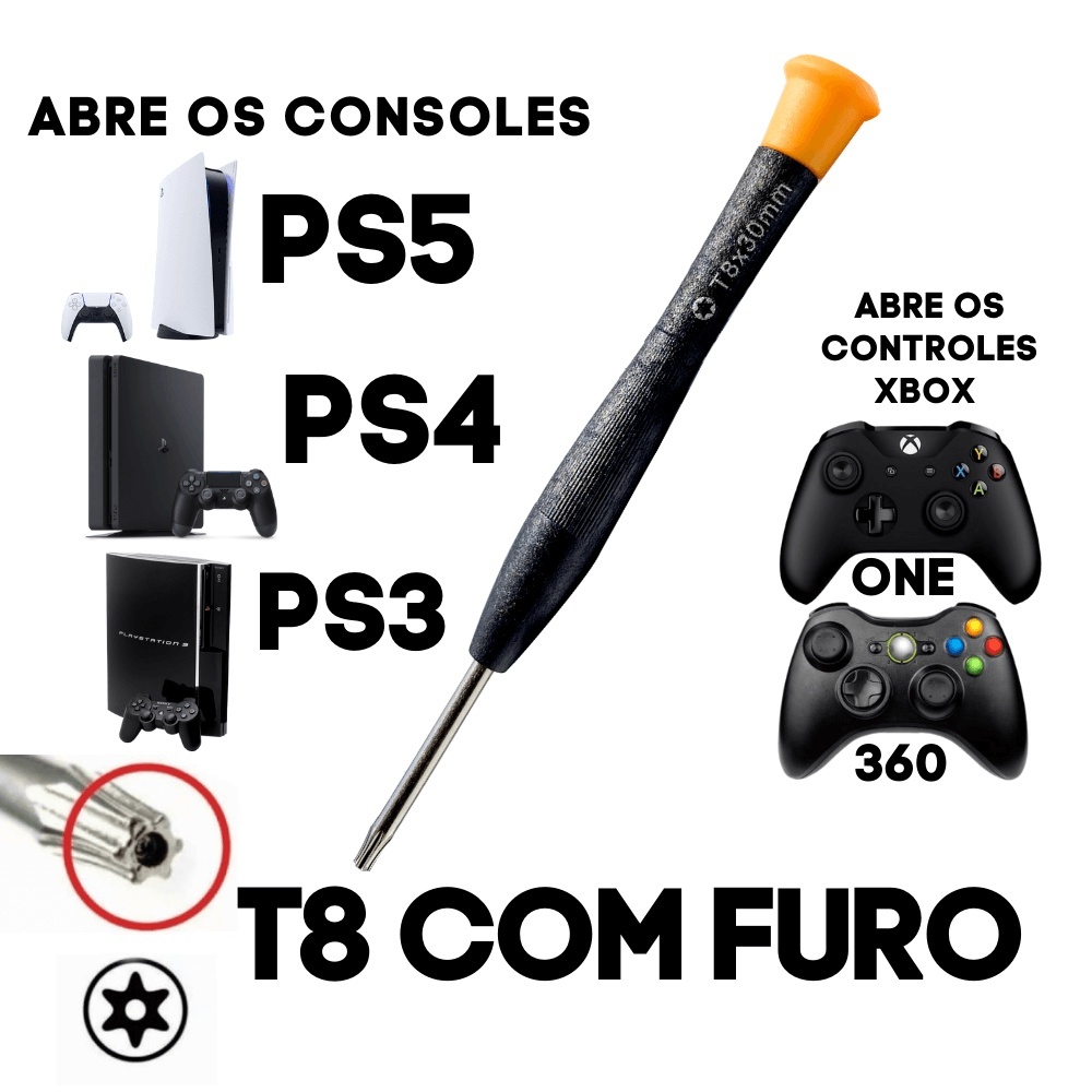 Chave Torx T8 Com Furo Central para Abrir Consoles e Controles Ps5 Ps4 Ps3 Xbox