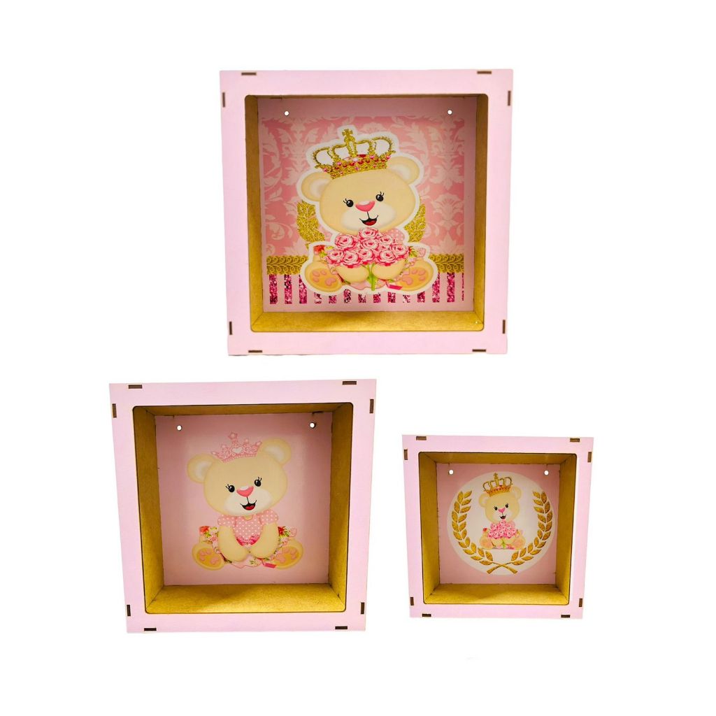 Kit 3 Nicho Quadrado de Parede Quarto do Bebê Montado Urso Princesa Rosa