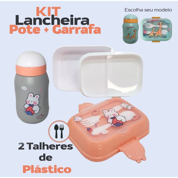 Kit Marmita Infantil com Talheres de Plástico Garrafa Squeeze 450ml com Canudo Silicone Lancheira