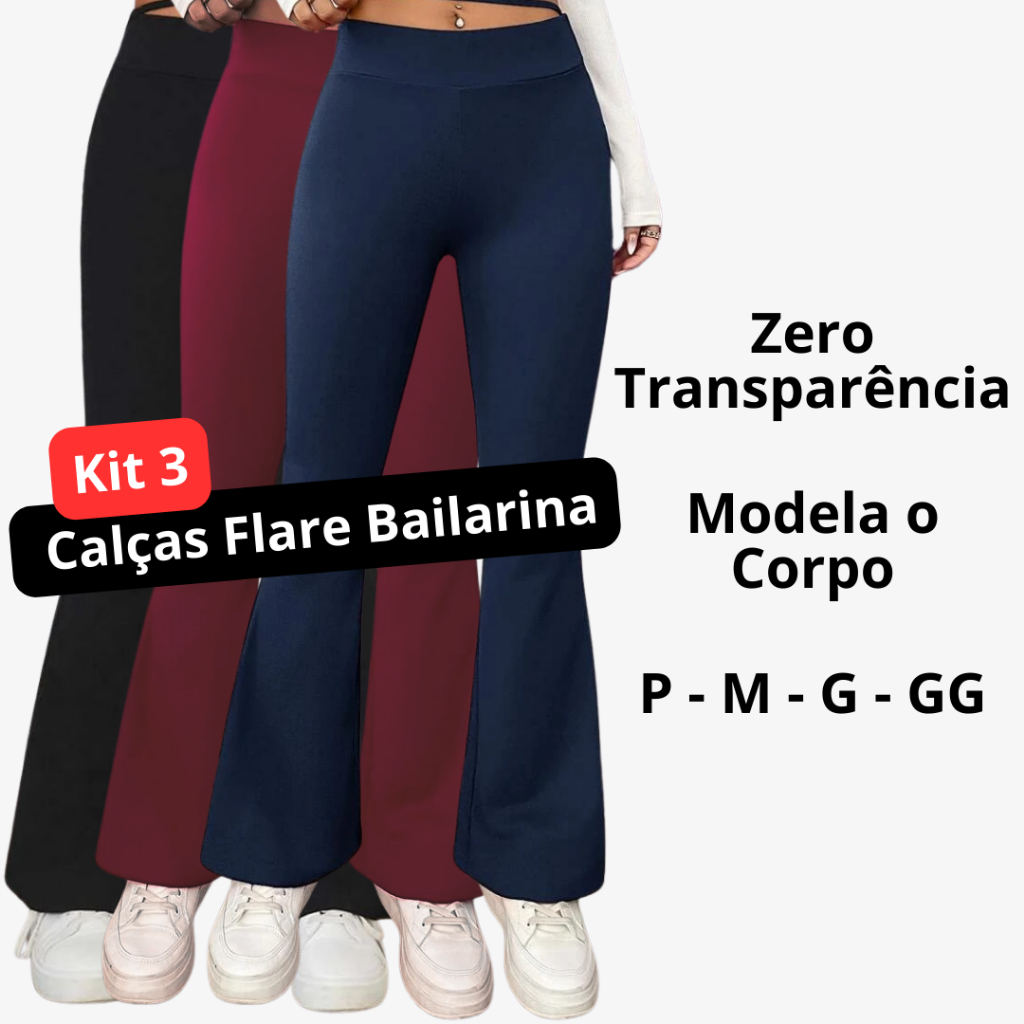 Kit 3 Calças Legging Flare Bailarina Cós Alta Feminina Zero Transparência Modela Bumbum em Oferta na Shopee