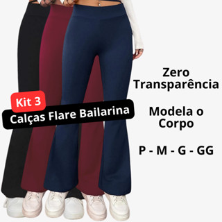 Kit 3 Calças Legging Flare Bailarina Cós Alta Feminina Zero Transparência Modela Bumbum