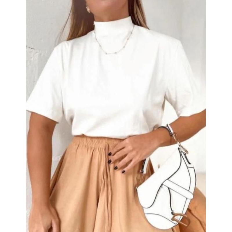 Blusa T-shirt básica lisa malha 100% algodão gola ribana fashion em Oferta na Shopee