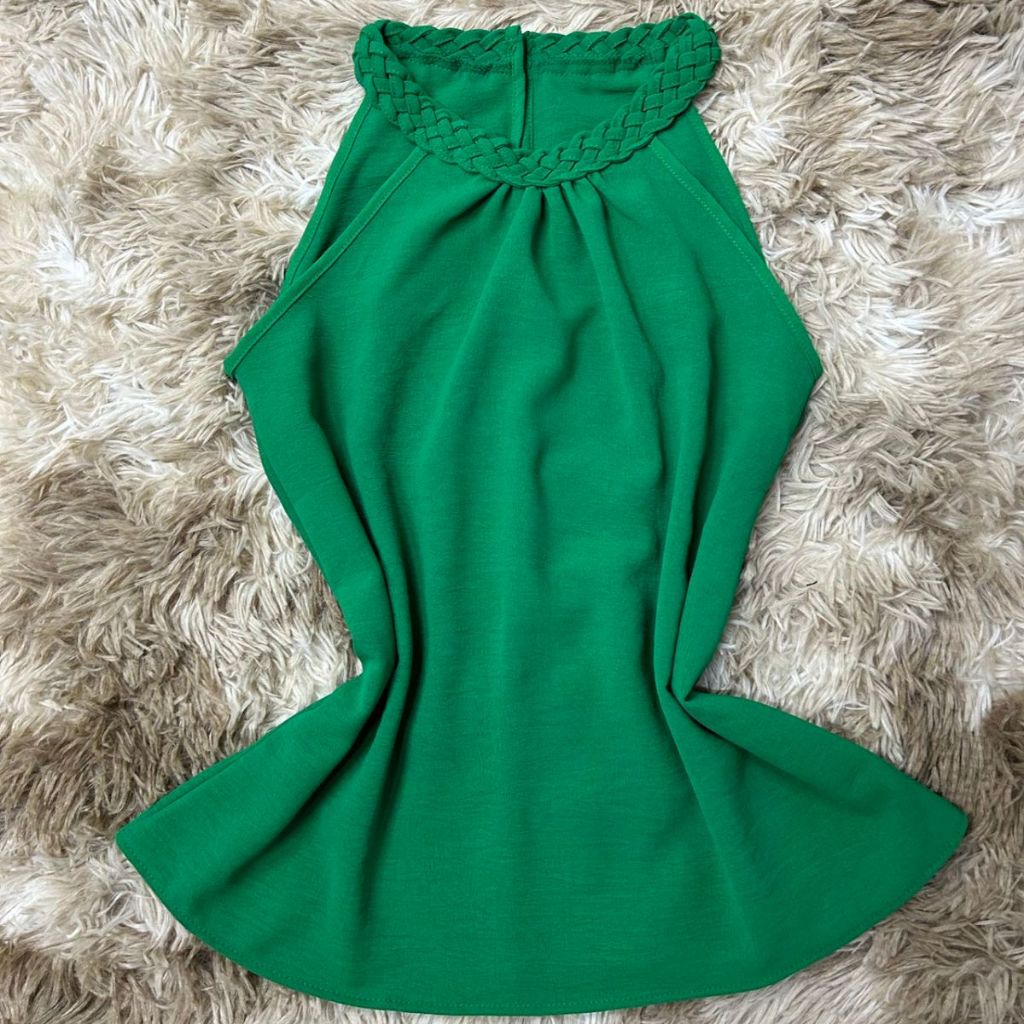 Detalhes do Blusa Camiseta Regata social Feminina Tecido duna Trança na Gola Lisa Verão Casual