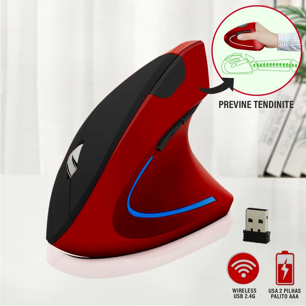 Mouse Sem Fio Vertical Ergonômico Previne Tendinite - Wireless Com 6 Botões