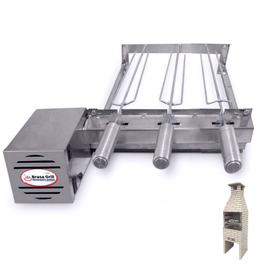 Brasa Grill Único Andar Gira 3 Espetos para Churrasqueira Pré Moldada de 45cm Espaço Interno