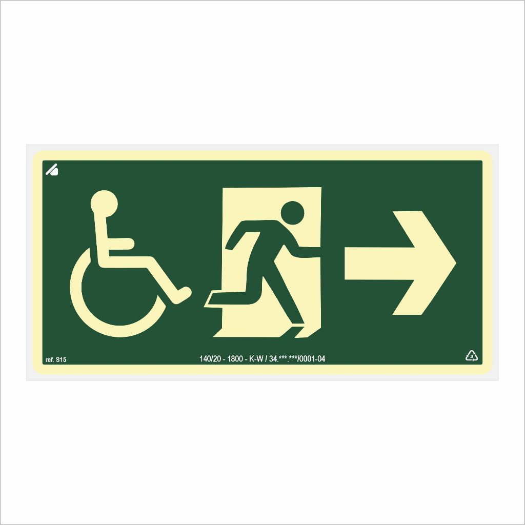 Placa Seta Direita Cadeirante Fotoluminescente 24x12cm (Antichamas)