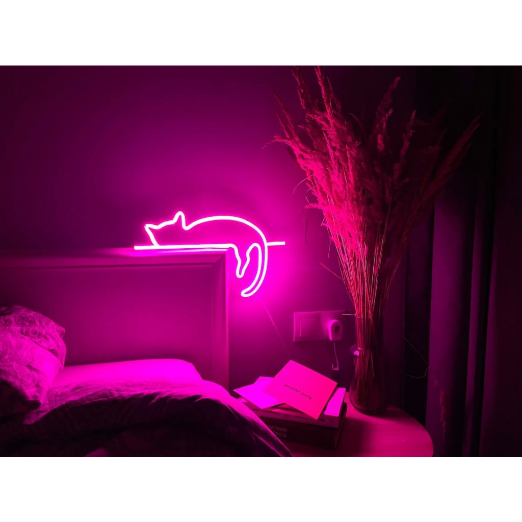 luminoso luminária led neon gato pet cat de parede cabeceira cama quarto