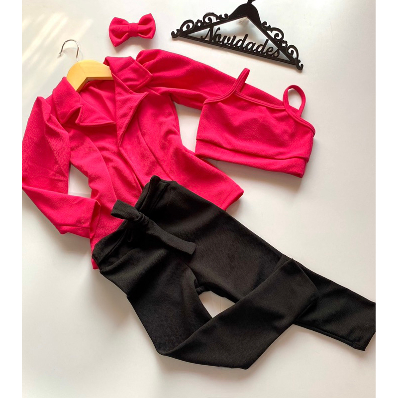 Conjunto de Luxo Infantil Feminino Fashion Cropped + Blazer Super Estiloso+ Calça Legging J5