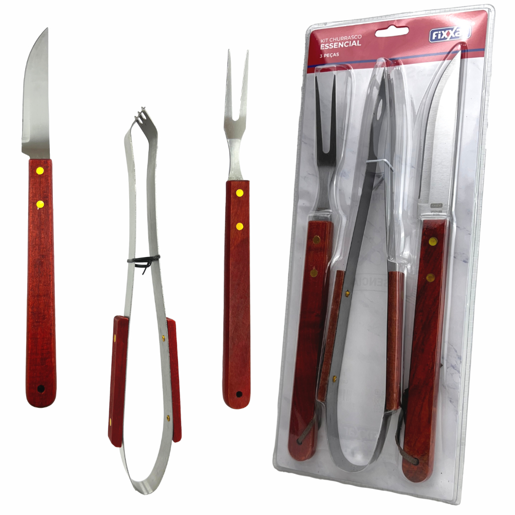 Kit Churrasco Cabo Longo Madeira Garfo Faca De Corte Pegador Carne Aço Inox 3 Peças  Churr...
