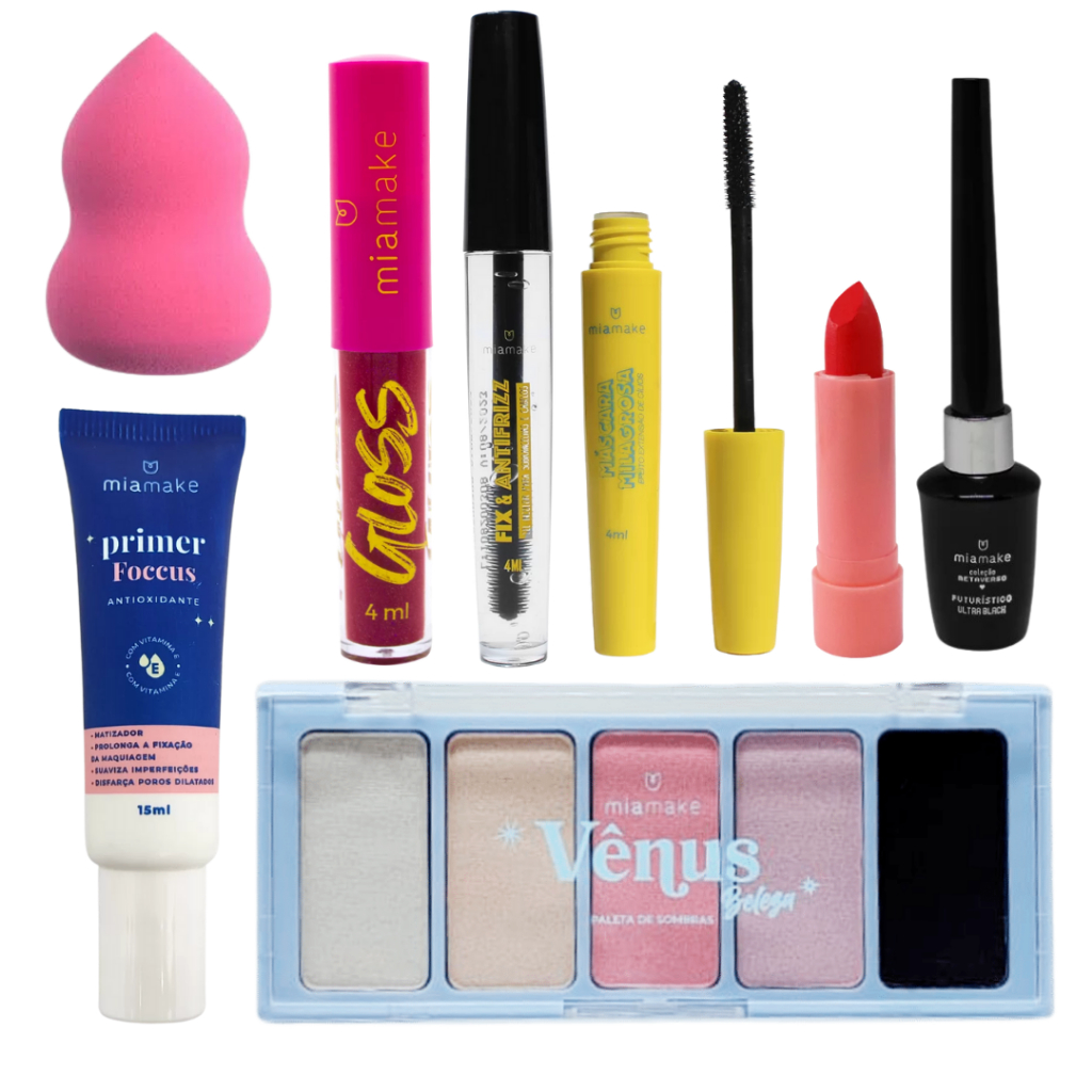 Kit De Maquiagem Batom Rimel Delineador Paleta Sobrancelha