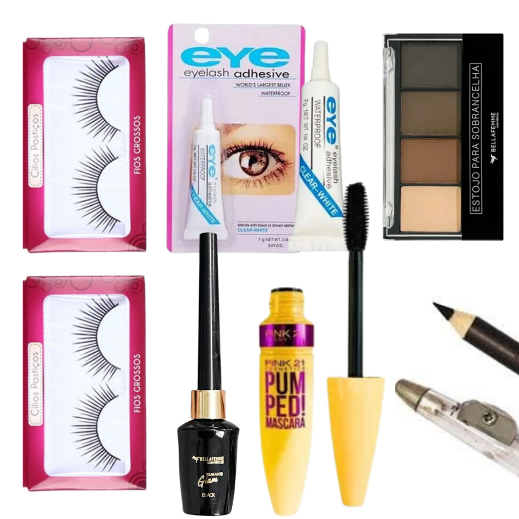 Kit Para Sobrancelha Cílios Postiços Cola Delineador Rímel e Lápis