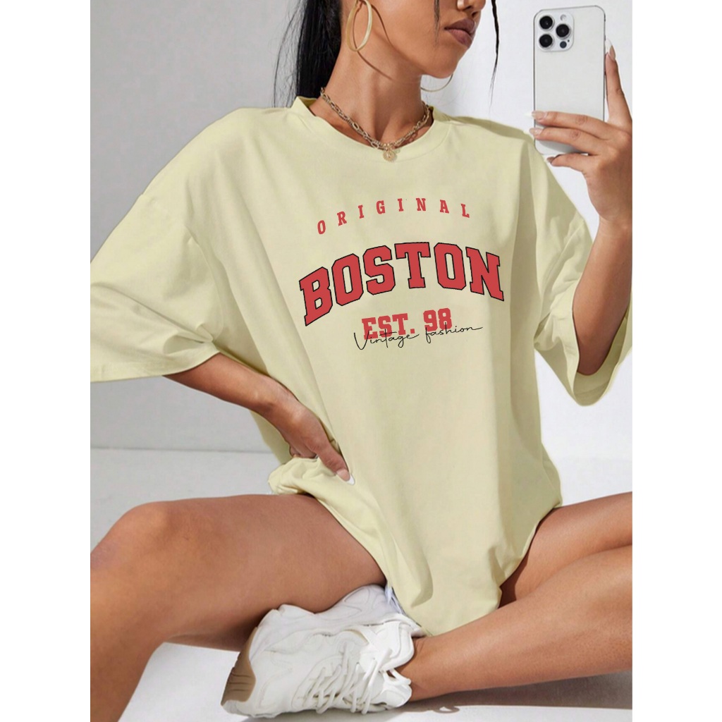 Camiseta Oversized Feminina Estilosa Life Style Estampada Original Boston EST. 98 Vintage Fashion B