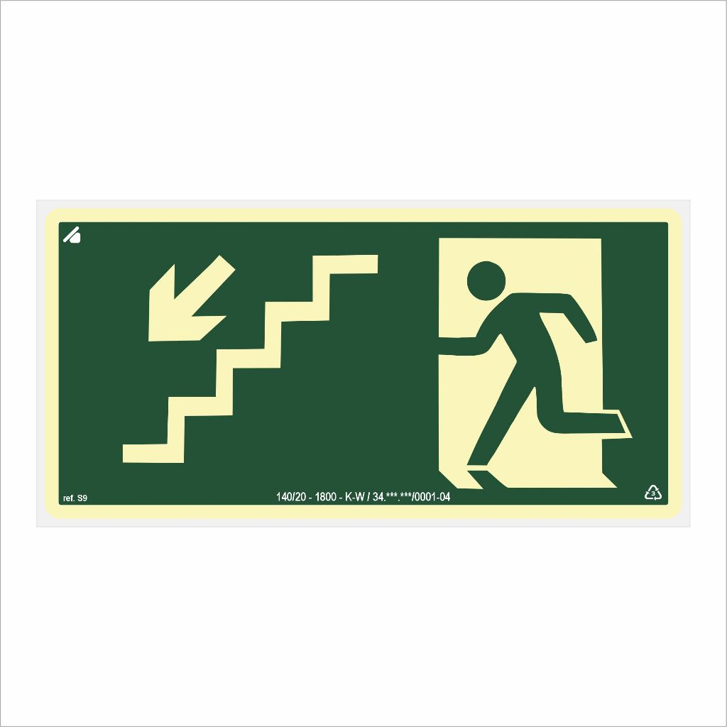 Placa Desce Escada Esquerda Fotoluminescente 24x12cm (Antichamas)