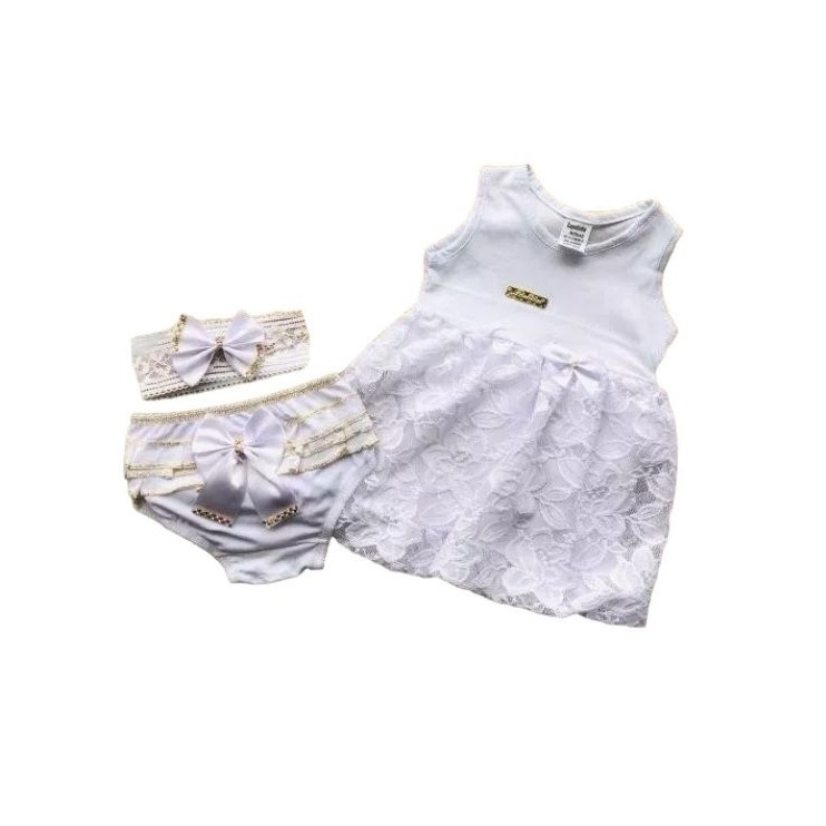 Kit Vestido Renda Branco Roupa De Bebê Menina Batizado Batismo Com Laço Faixa de Cabelo e Calcinha