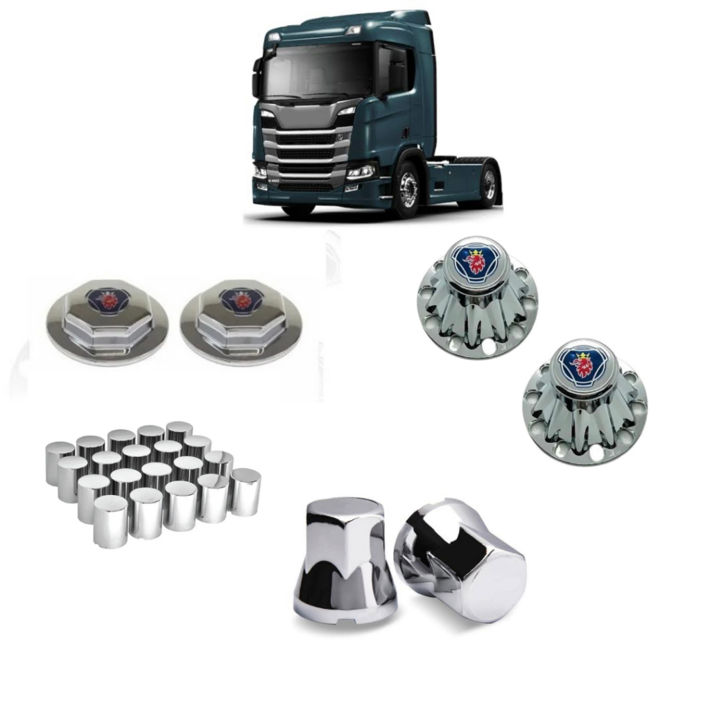 2 Tampas Aplique Cubo Cromada Azul Dianteiro Caminhao Sc S5 + Traçao + Capas de Porcas