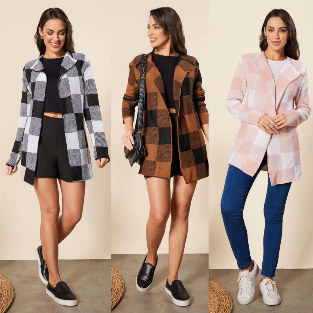 Kimono xadrez Casaco feminino tipo cardigan estampa xadrez, kimono de frio 2026