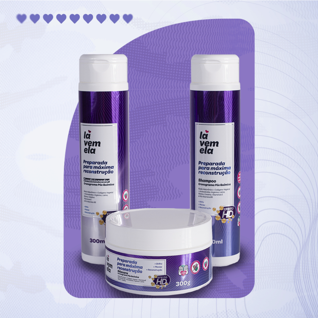 Kit Capilar Lá Vem Ela CRONOGRAMA PÓS QUÍMICA Shampoo + Condicionador + Máscara em Oferta na Shopee