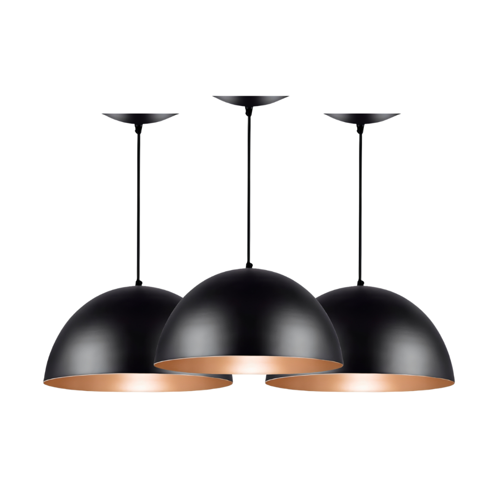 Pendente kit 3 meia lua preto/ cobre sala ,jantar, cozinha ,loja ,casa 30 cm decoração jantar