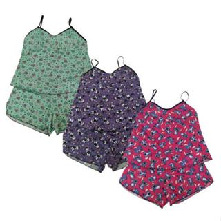 kit 3 CONJUNTOS DE PIJAMA FEMININO SHORT BABY DOLL CONFORTÁVEL ESTAMPADO