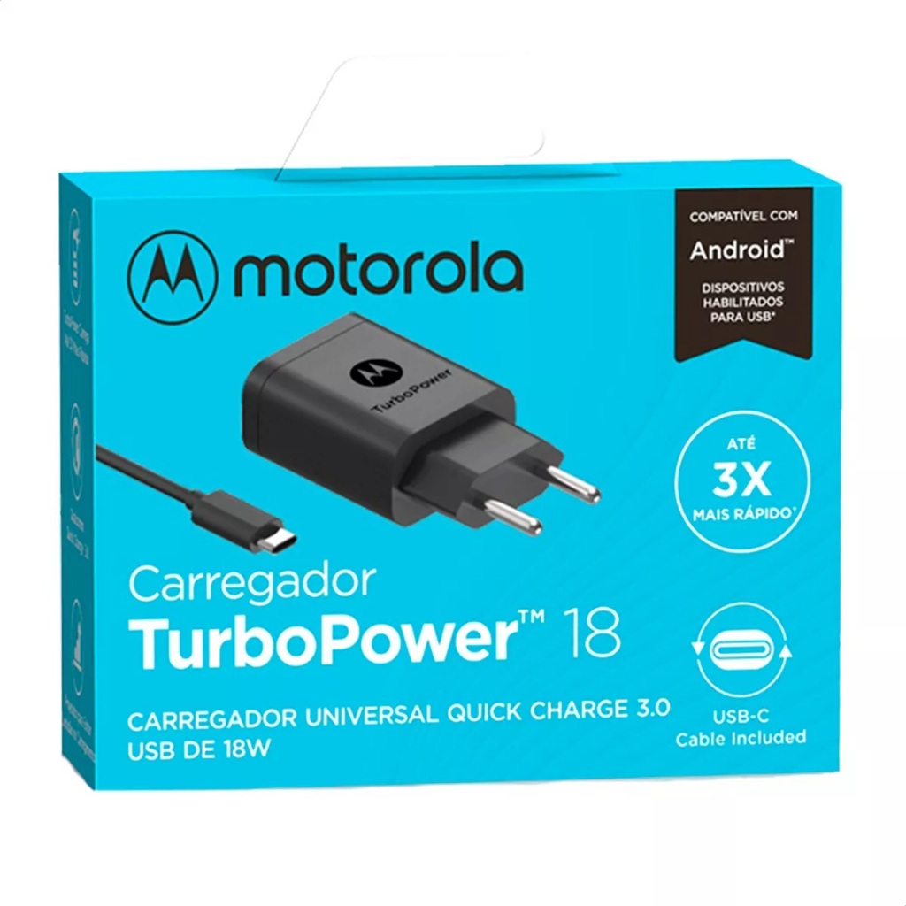 Carregador Turbo Power Motorola 18w Com Cabo Usb-c Type C Completo Preto + Nota 