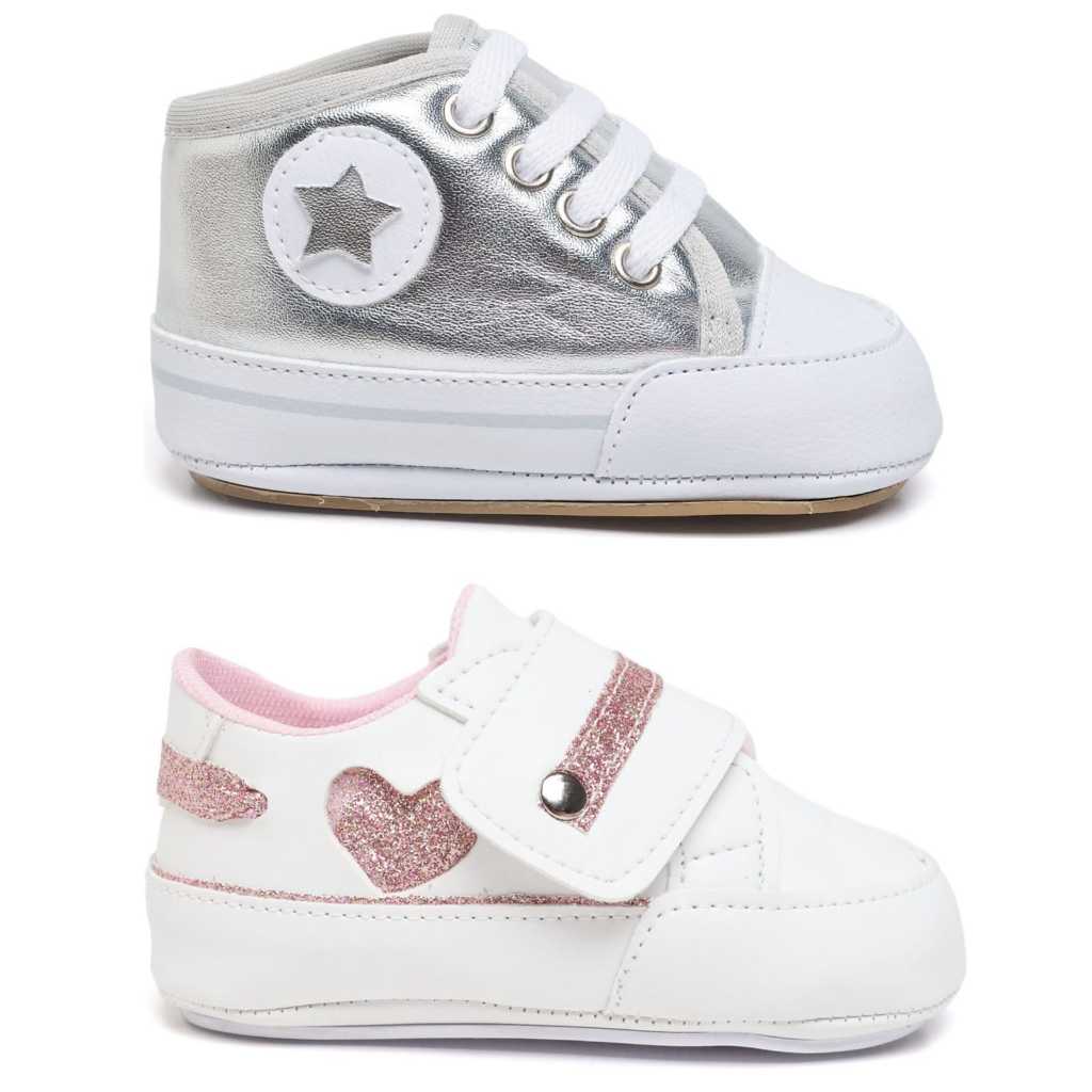 calcados bebê menina kit 2 pares branco com gliter e prata