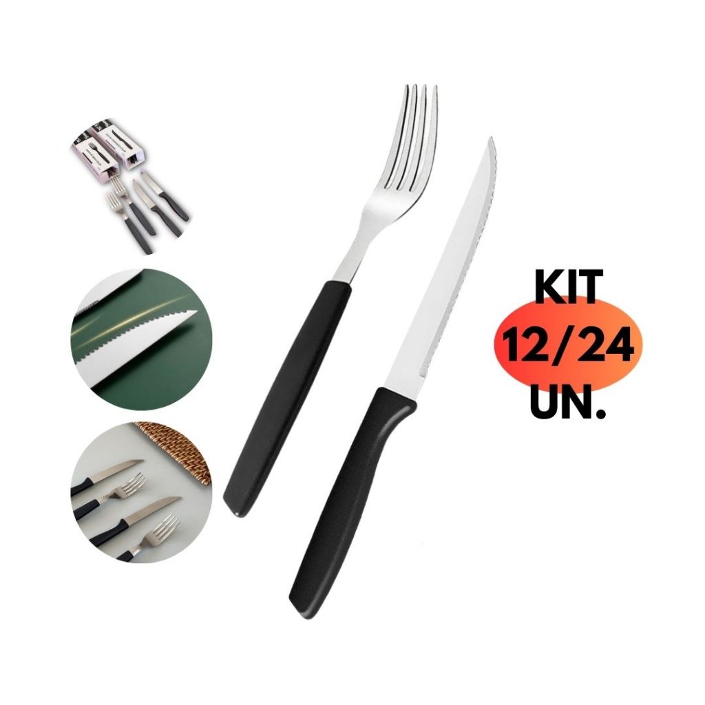 Aparelho Jantar 12/24 Talheres Inox Cabo Preto Color Original Cozinha Buffet Resistente Simples Almoço Kit Jogo Conjunto Faqueiro Serra