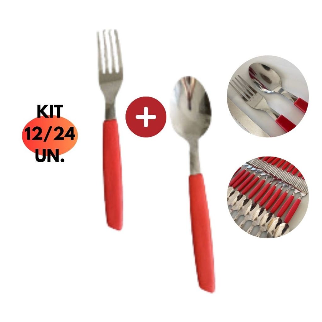 Jogo Talheres Inox 12/24 Peças Vermelho Color Original Colher+Garfo Cozinha Buffet Restaurante Jantar Aparelho Almoço Kit Conjunto Faqueiro