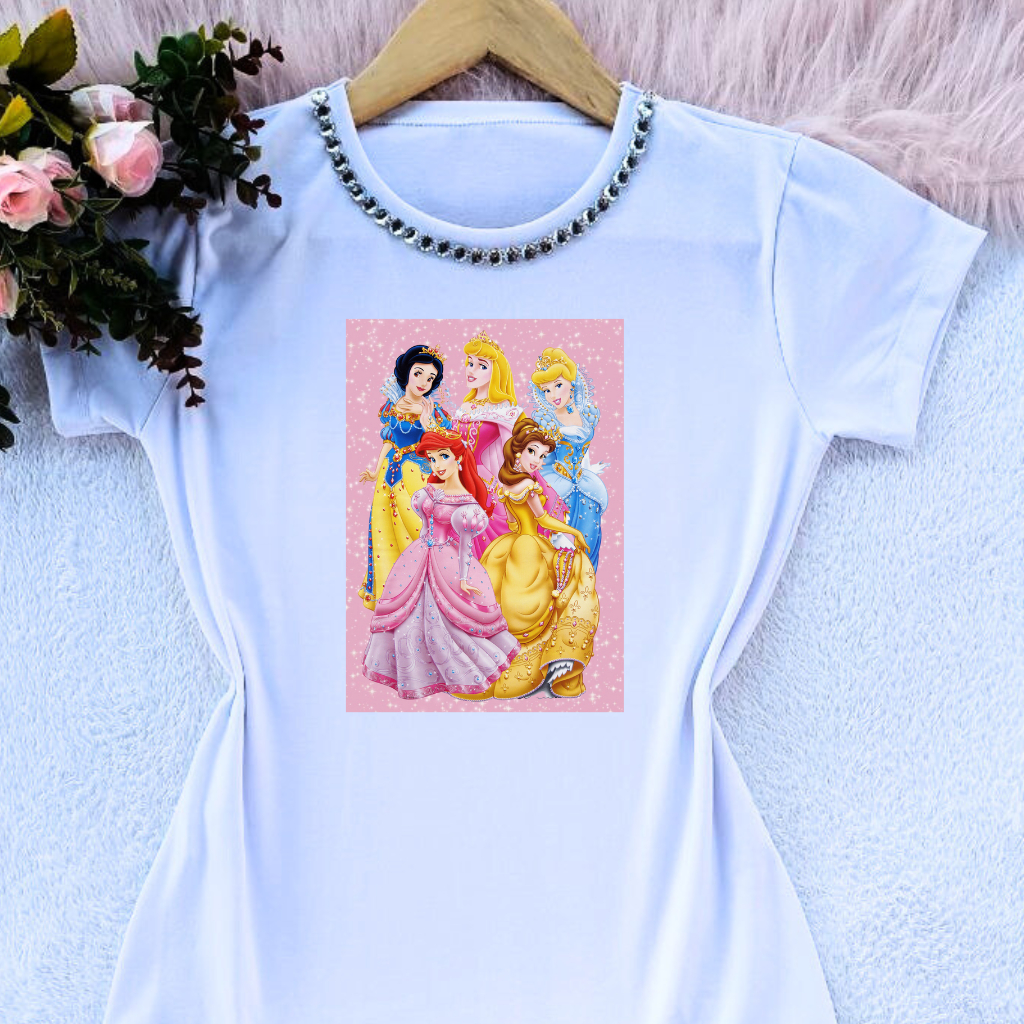 Cmiseta feminina camisa blusa t shirt feminina princesas com e sem pedrarias moda Feminina