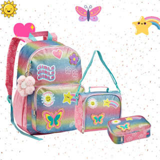Mochila Infantil Menina Arco-Íris Com Glitter e Patches Bolsa Escolar Feminina Reforçada Grande