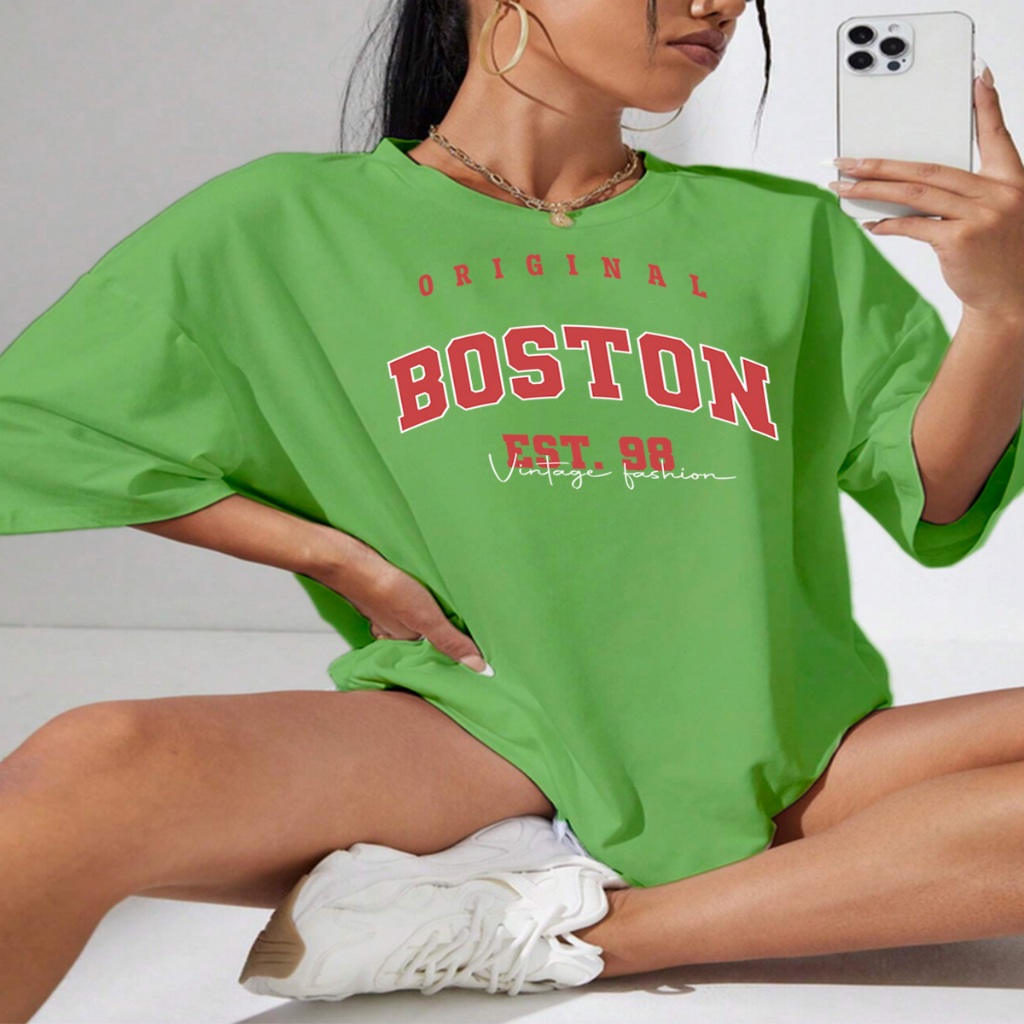 Camiseta Oversized Feminina Estampada Original Boston EST. 98 Vintage Fashion Blusa Estilosa Unisse