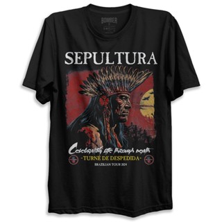 Camiseta de rock Bomber estampa Sepultura tour 2024 100% algodão cor preta