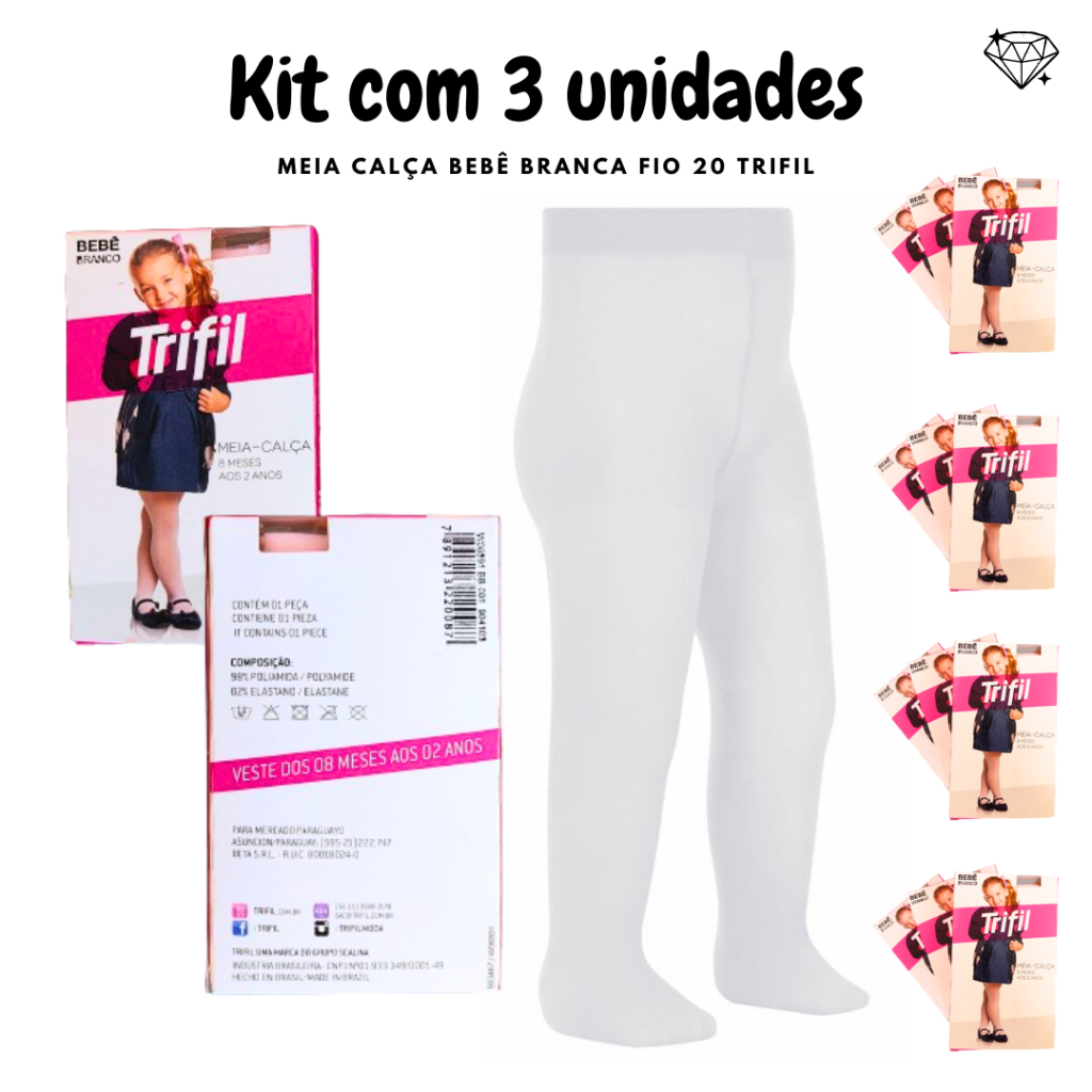 Kit Com 3 Meia-calça Infantil Fio 20 Branca Trifil em Oferta na Shopee