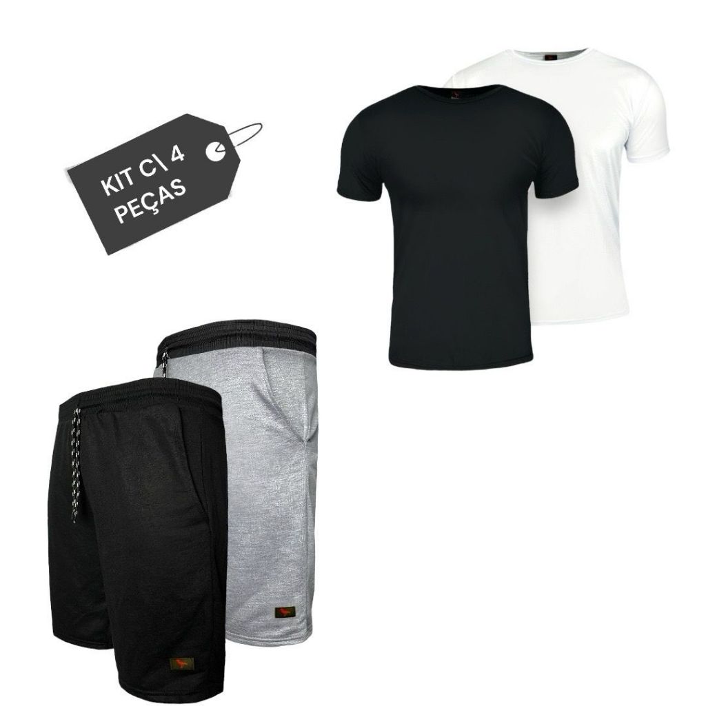 Kit C/ 2 Bermudas Moletom e 2 Camisetas Masculina Academia Algodão 100% Confortável Cor Sortidas Treino Conjunto
