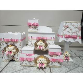 Kit Higiene Mdf 7 Peças - Ursinha Princesa Rosa Branco Florido - CM240 em Oferta na Shopee