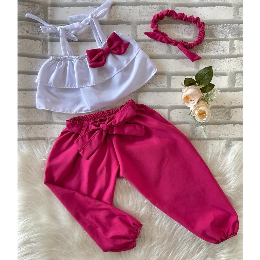 Conjunto Infantil 3 Peças - Blusa Babado com Lacinho, Calça e Tiara - (1 a 2 anos) | Blogueirinha | Tendência