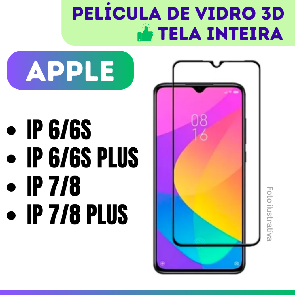 Película de Vidro 3D Apple Iphone 6 / 6s / 6 Plus /  7 / 8 / 7 Plus / 8 Plus / Protetor Cobre Tela inteira